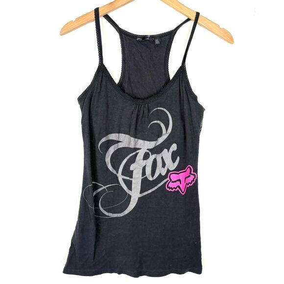 Vintage Y2K Fox Racing black tank top with grey and pink graphics AOP - Picture 1 of 8